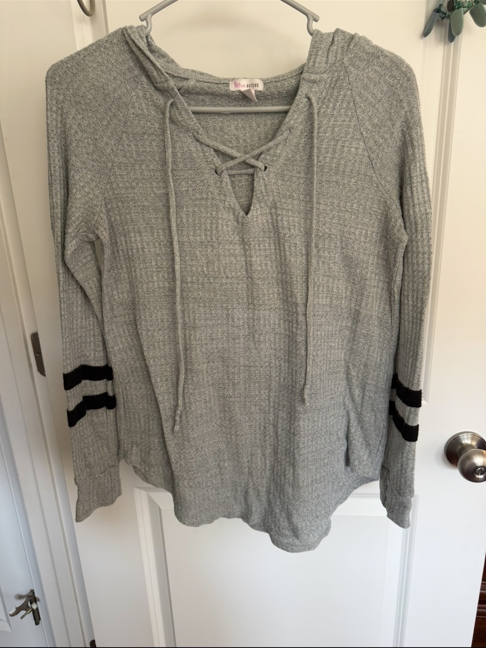 flirtitude Light Gray Lace-Up Hoodie with Black Sleeve Stripes
